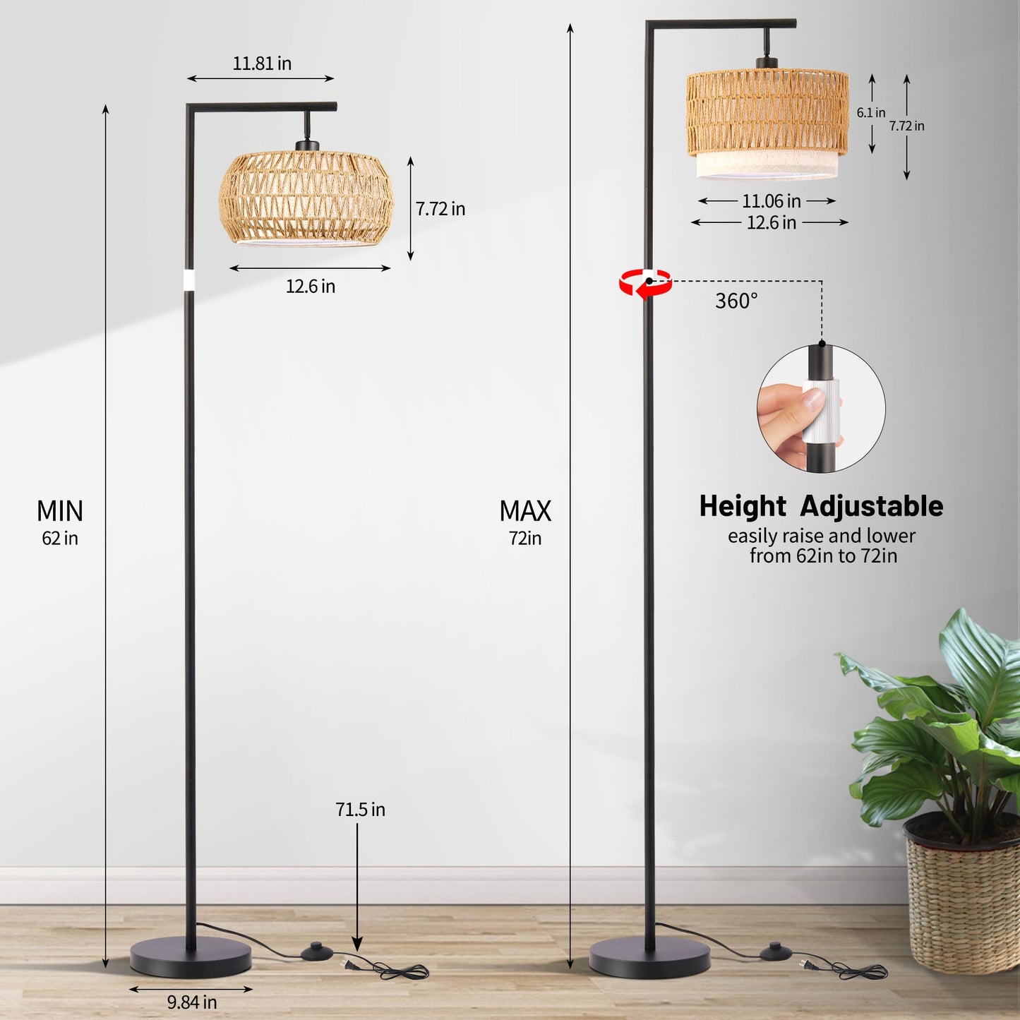 JIYUERLTD Boho Rattan Floor Lamp, Adjustable Height Bohemian Floor Lamps, Dimmable Standing Lamp with Remote Control, Rustic Lighting for Living Room, Bedroom, or Office - JIYUERLTDJIYUERLTD Boho Rattan Floor Lamp, Adjustable Height Bohemian Floor Lamps, Dimmable Standing Lamp with Remote Control, Rustic Lighting for Living Room, Bedroom, or Office