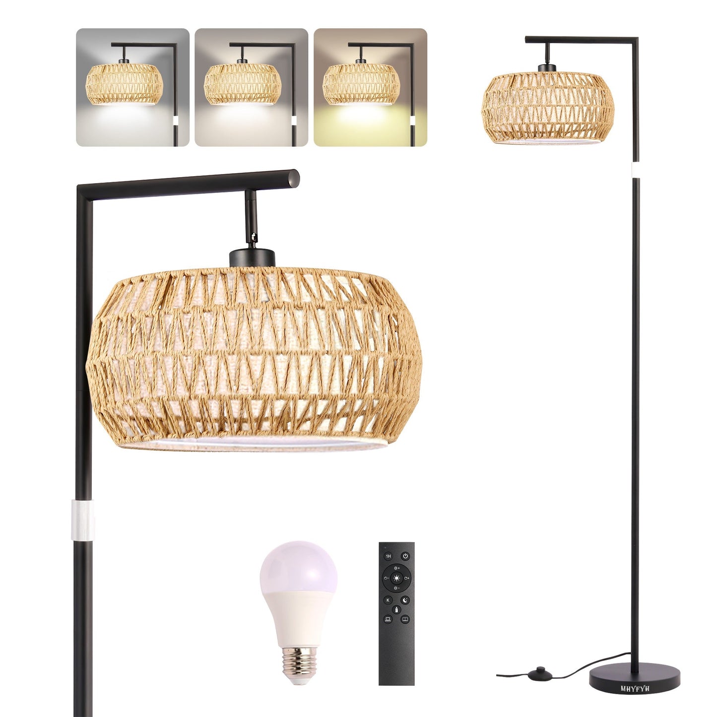 JIYUERLTD Boho Rattan Floor Lamp, Adjustable Height Bohemian Floor Lamps, Dimmable Standing Lamp with Remote Control, Rustic Lighting for Living Room, Bedroom, or Office - JIYUERLTDJIYUERLTD Boho Rattan Floor Lamp, Adjustable Height Bohemian Floor Lamps, Dimmable Standing Lamp with Remote Control, Rustic Lighting for Living Room, Bedroom, or Office