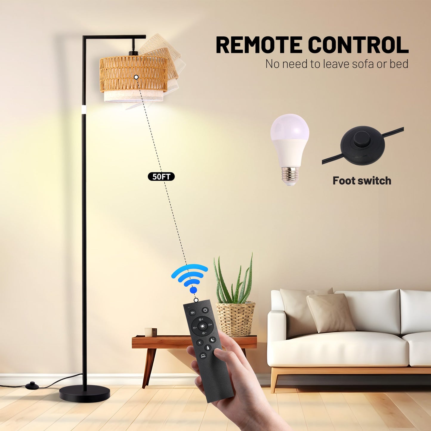 JIYUERLTD Boho Rattan Floor Lamp, Adjustable Height Bohemian Floor Lamps, Dimmable Standing Lamp with Remote Control, Rustic Lighting for Living Room, Bedroom, or Office - JIYUERLTDJIYUERLTD Boho Rattan Floor Lamp, Adjustable Height Bohemian Floor Lamps, Dimmable Standing Lamp with Remote Control, Rustic Lighting for Living Room, Bedroom, or Office