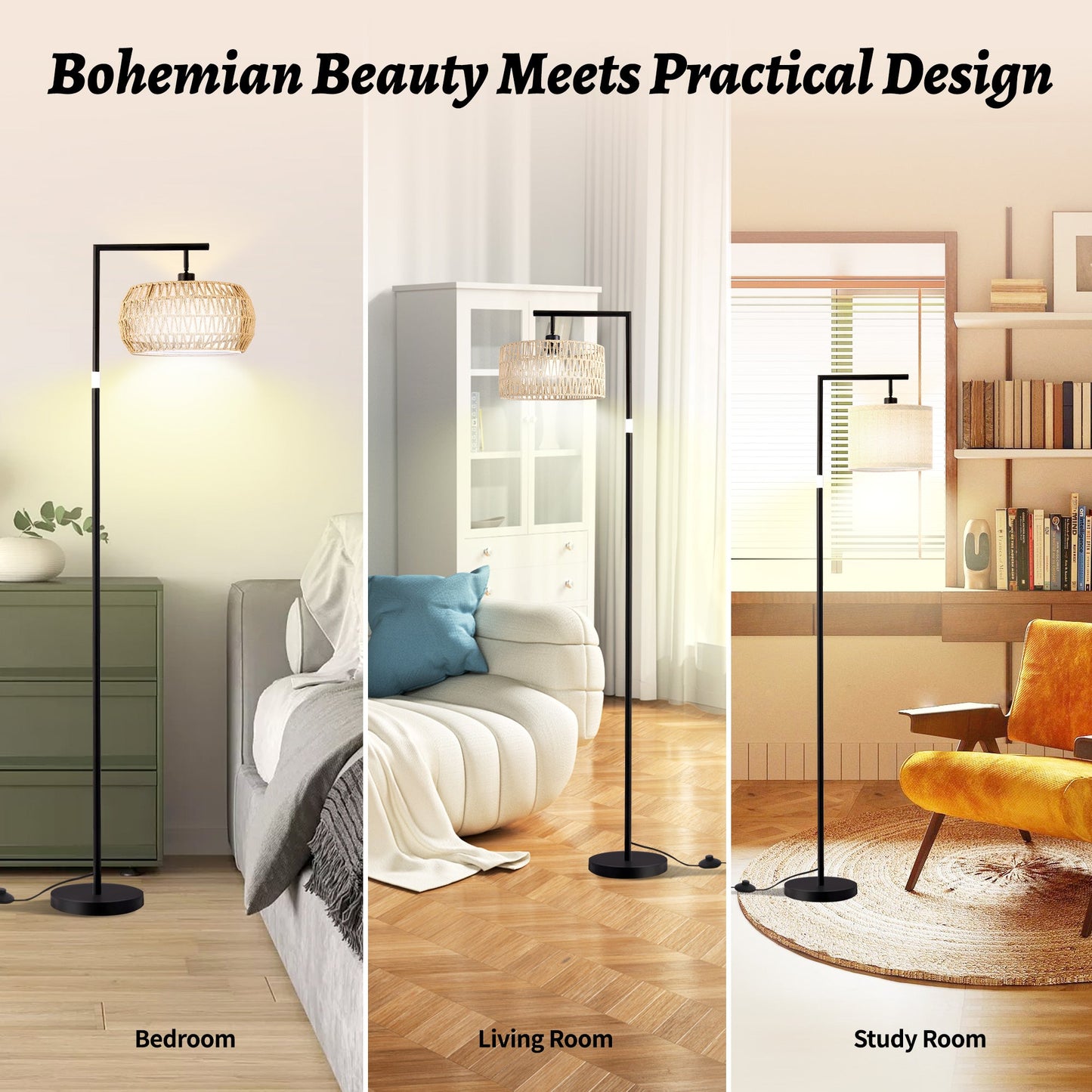 JIYUERLTD Boho Rattan Floor Lamp, Adjustable Height Bohemian Floor Lamps, Dimmable Standing Lamp with Remote Control, Rustic Lighting for Living Room, Bedroom, or Office - JIYUERLTDJIYUERLTD Boho Rattan Floor Lamp, Adjustable Height Bohemian Floor Lamps, Dimmable Standing Lamp with Remote Control, Rustic Lighting for Living Room, Bedroom, or Office