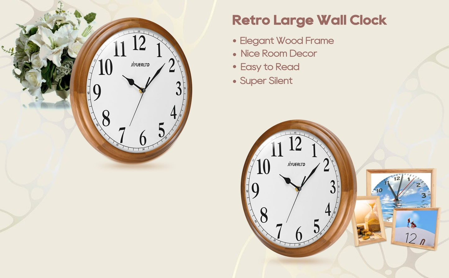 JIYUERLTD Rustic Vintage Wooden Clock - 14" Large Wall Clock, Silent Non-Ticking Decorative Clock for Home, Kitchen, and Living Room - JIYUERLTDJIYUERLTD Rustic Vintage Wooden Clock - 14" Large Wall Clock, Silent Non-Ticking Decorative Clock for Home, Kitchen, and Living Room