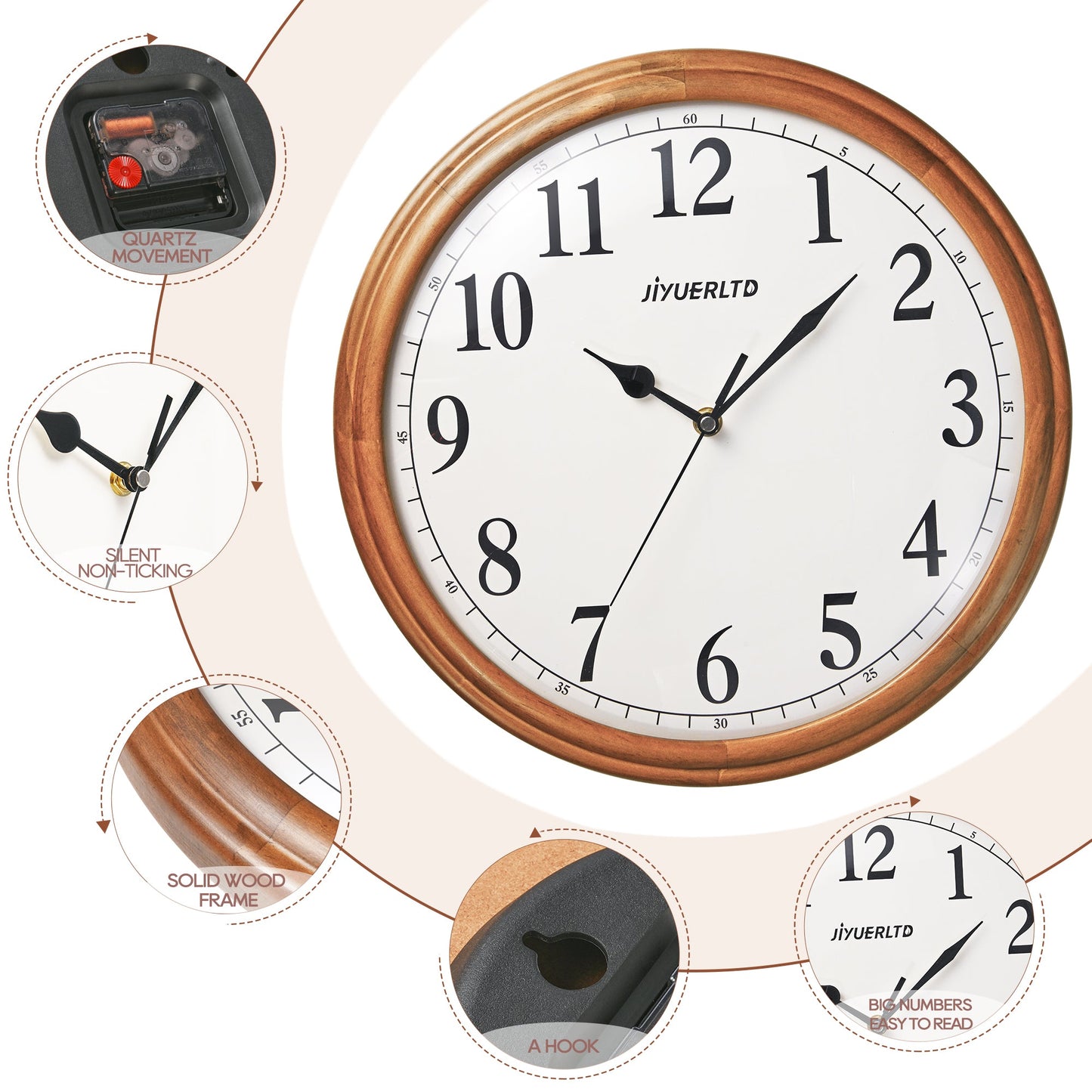 JIYUERLTD Rustic Vintage Wooden Clock - 14" Large Wall Clock, Silent Non-Ticking Decorative Clock for Home, Kitchen, and Living Room - JIYUERLTDJIYUERLTD Rustic Vintage Wooden Clock - 14" Large Wall Clock, Silent Non-Ticking Decorative Clock for Home, Kitchen, and Living Room