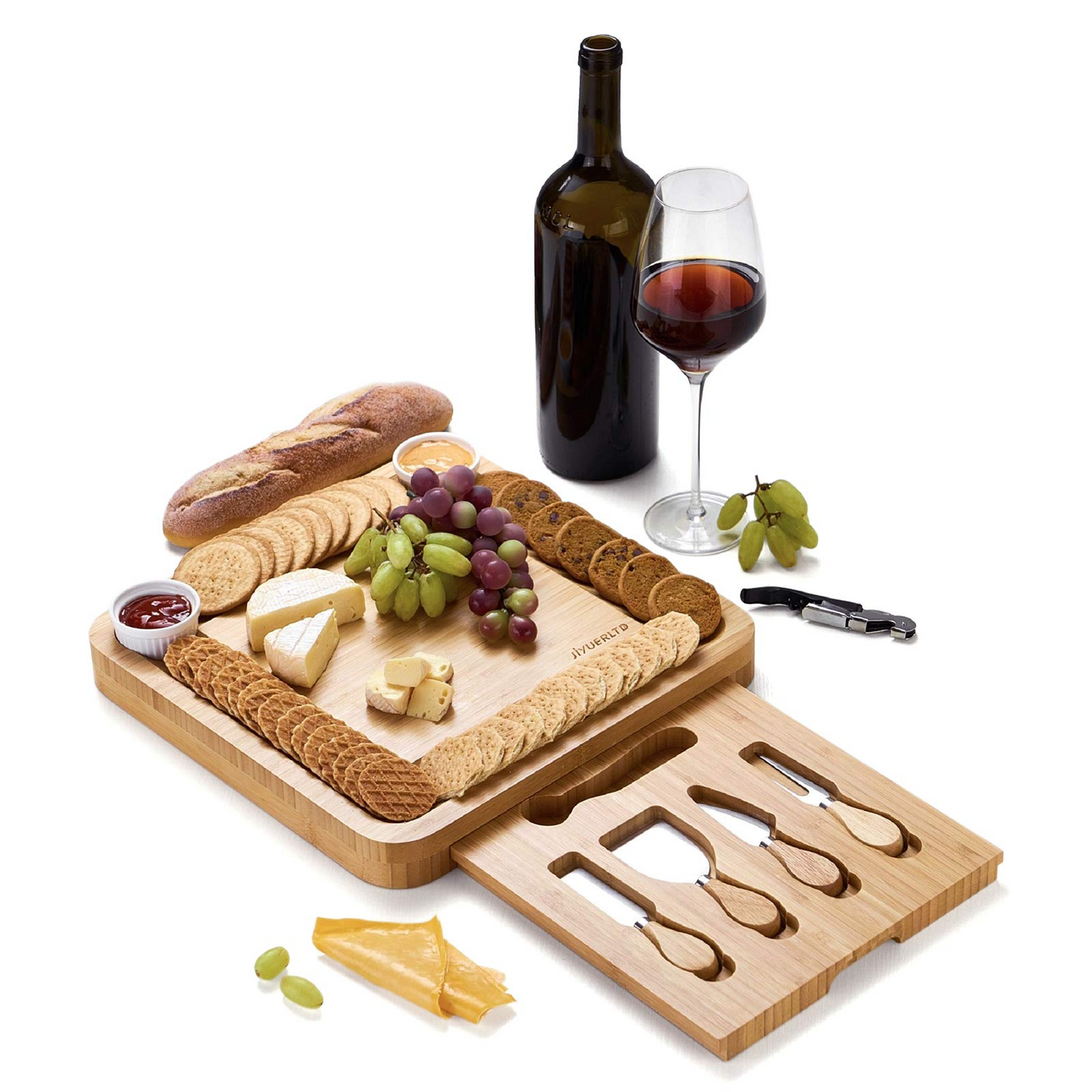 JIYUERLTD Cheese Board with Knives and Opener Bamboo Cutting Board, Cheese Services for Kitchen, Platter for Wine, Cheese, Meat.13.4x13.4x1.5 inch.