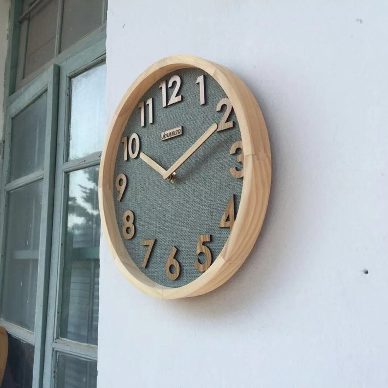 JIYUERLTD Silent Wall Clock 12 In Kitchen Clock with 3D Wood Numbers, Non-Ticking Quartz Movement, Linen Face and Wood Frame for Home, Office, Classroom(Green) - JIYUERLTDJIYUERLTD Silent Wall Clock 12 In Kitchen Clock with 3D Wood Numbers, Non-Ticking Quartz Movement, Linen Face and Wood Frame for Home, Office, Classroom(Green)