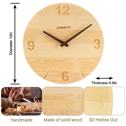 JIYUERLTD Modern Solid Wood Clock - 12“ Silent Wall Clock,Decorative Clock for Bedroom, Living Room, Kitchen, Office and Hotel