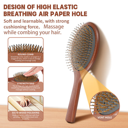 JIYUERLTD Cherry Wood Air Cushion Comb - Large Wooden Hair Brush with High Elastic Air Bag and Scalp Massage - Smooths Curly and Straight Hair - Ideal for Men, Women, and Children (Oval Shape)