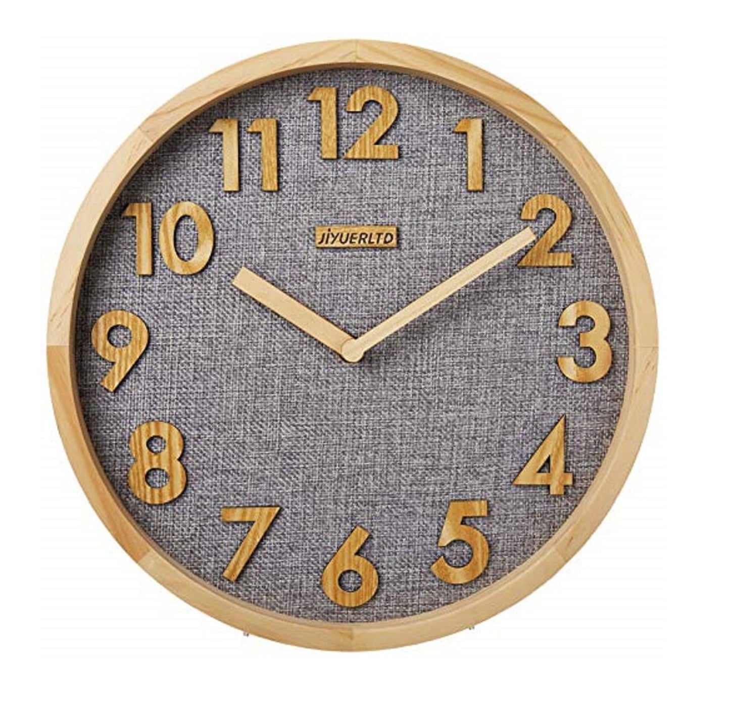JIYUERLTD Silent Wall Clock 12In Kitchen Clock with 3D Wood Numbers, Non-Ticking Quartz Movement, Linen Face and Wood Frame for Home, Office, Classroom(Gray)