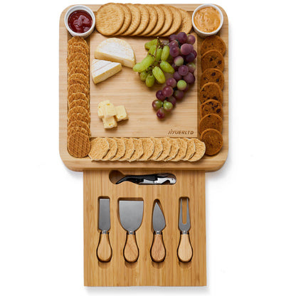 JIYUERLTD Cheese Board with Knives and Opener Bamboo Cutting Board, Cheese Services for Kitchen, Platter for Wine, Cheese, Meat.13.4x13.4x1.5 inch.