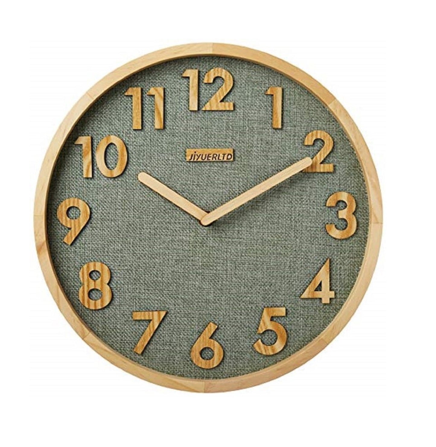 JIYUERLTD Silent Wall Clock 12 In Kitchen Clock with 3D Wood Numbers, Non-Ticking Quartz Movement, Linen Face and Wood Frame for Home, Office, Classroom(Green)