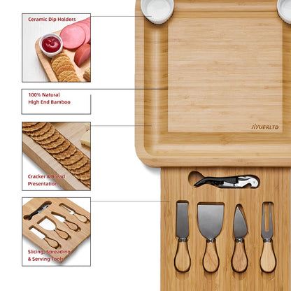 JIYUERLTD Cheese Board with Knives and Opener Bamboo Cutting Board, Cheese Services for Kitchen, Platter for Wine, Cheese, Meat.13.4x13.4x1.5 inch.