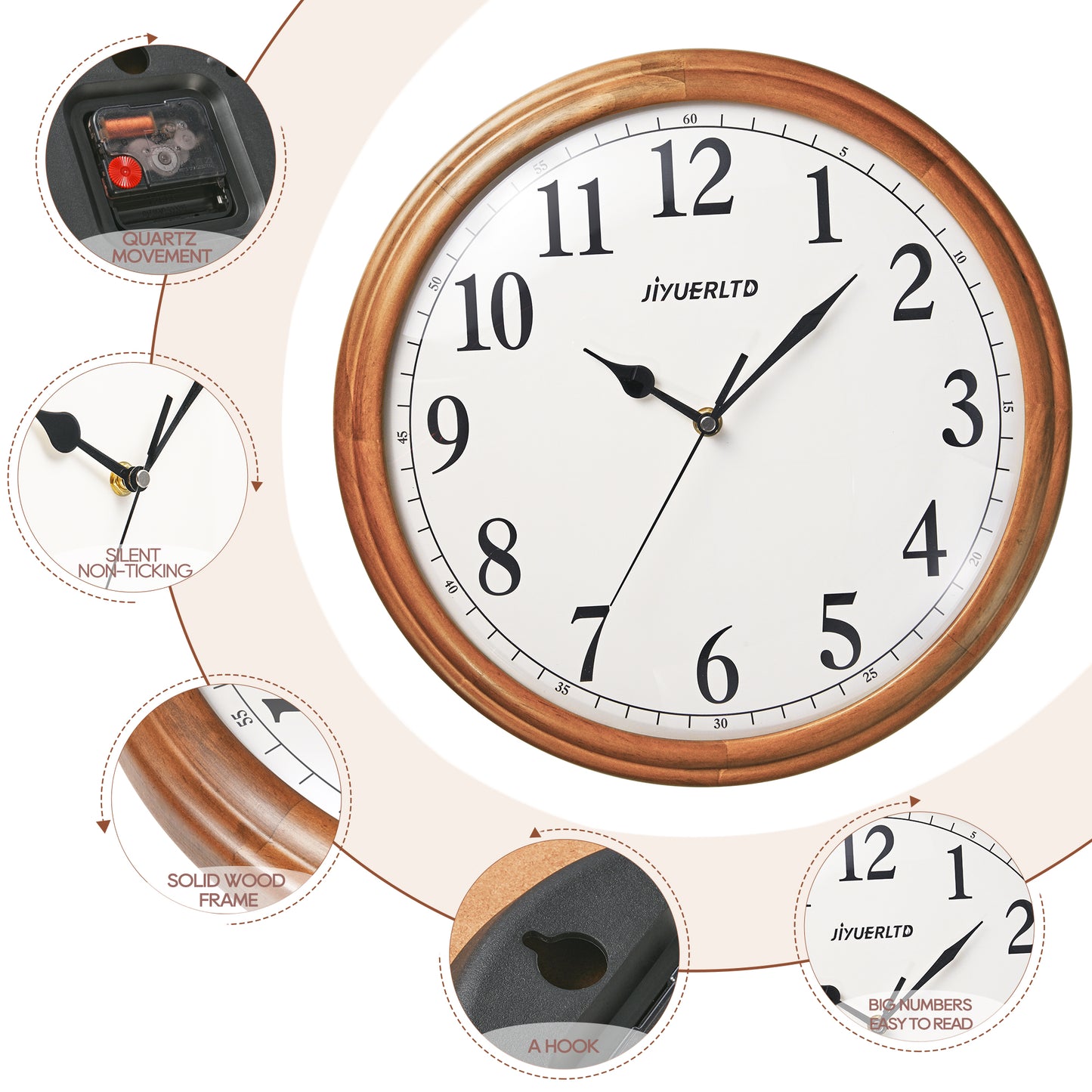 JIYUERLTD Horloge en Bois Vintage Rustique - Grande Horloge Murale de 14 ", Horloge décorative silencieuse sans tic-tac pour la Maison, la Cuisine et le Salon