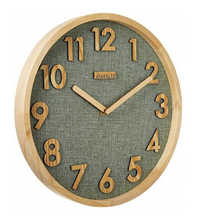 JIYUERLTD Silent Wall Clock 12 In Kitchen Clock with 3D Wood Numbers, Non-Ticking Quartz Movement, Linen Face and Wood Frame for Home, Office, Classroom(Green)