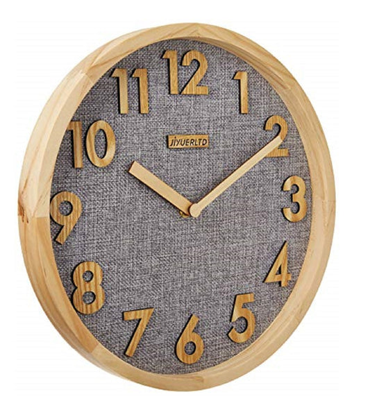 JIYUERLTD Silent Wall Clock 12In Kitchen Clock with 3D Wood Numbers, Non-Ticking Quartz Movement, Linen Face and Wood Frame for Home, Office, Classroom(Gray)