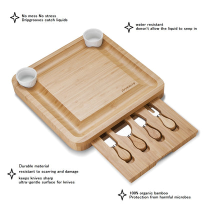 JIYUERLTD Cheese Board with Knives and Opener Bamboo Cutting Board, Cheese Services for Kitchen, Platter for Wine, Cheese, Meat.13.4x13.4x1.5 inch.