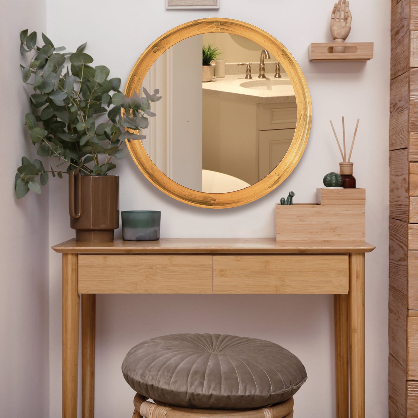 JIYUERLTD 14-Zoll-Wandspiegel aus Holz, runder Retro-Spiegel, dekorativer HD-Spiegel für Badezimmer, Eingangsbereiche, Wohnzimmer und Gästetoilette, Schlafzimmer 