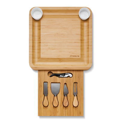 JIYUERLTD Cheese Board with Knives and Opener Bamboo Cutting Board, Cheese Services for Kitchen, Platter for Wine, Cheese, Meat.13.4x13.4x1.5 inch.