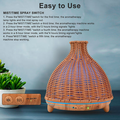 JIYUERLTD 500ml Oil Diffuser, Premium Retro Rattan, Ultrasonic Aromatherapy Fragrant Oil Humidifier, Vaporizer