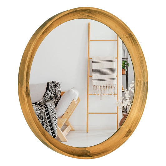 JIYUERLTD 14-Zoll-Wandspiegel aus Holz, runder Retro-Spiegel, dekorativer HD-Spiegel für Badezimmer, Eingangsbereiche, Wohnzimmer und Gästetoilette, Schlafzimmer 