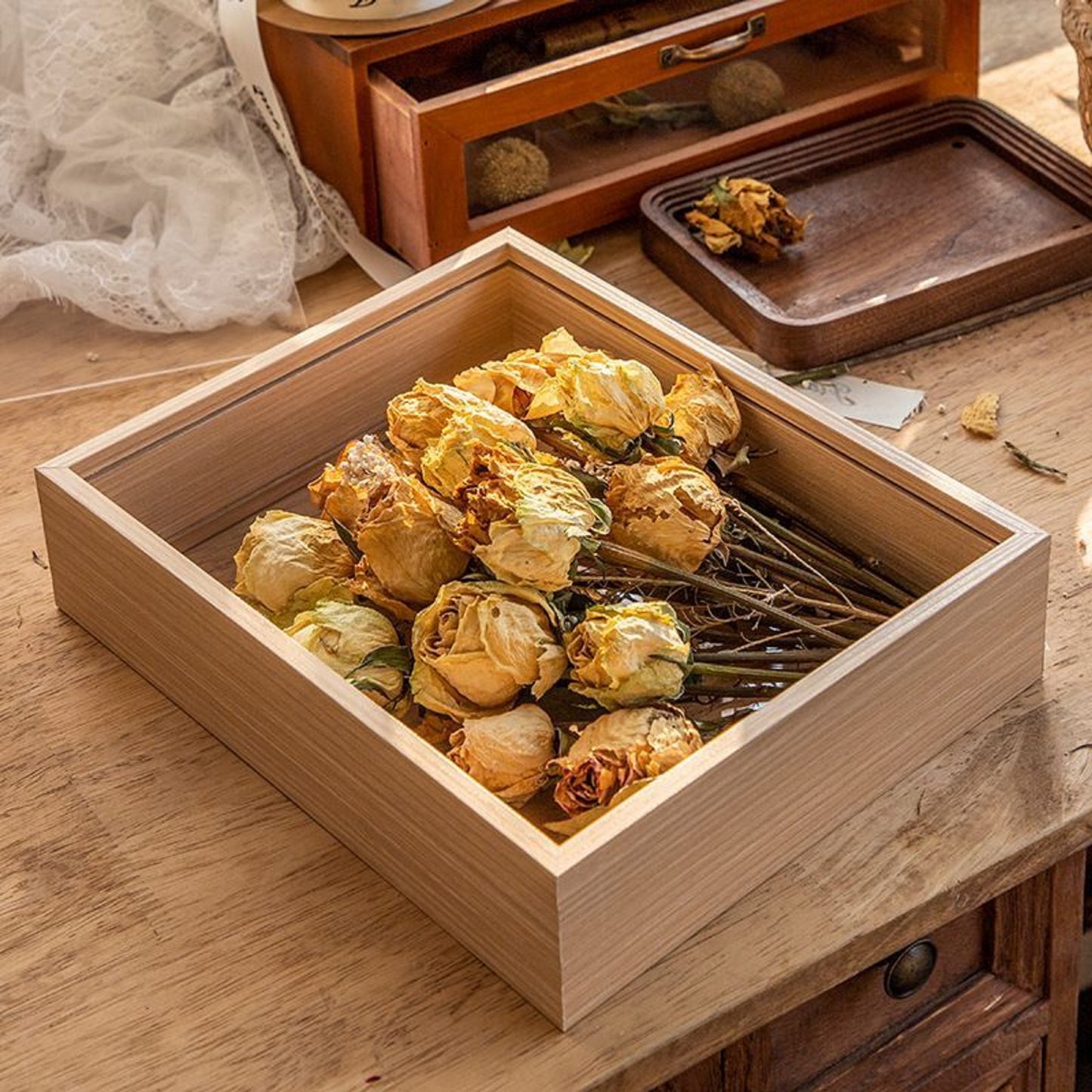 JIYUERLTD Boîte à trésors à collectionner en bois - 12" Organisez, affichez et mettez en valeur vos objets de collection, blocs, fleurs séchées, pommes de pin et coquillages avec style !