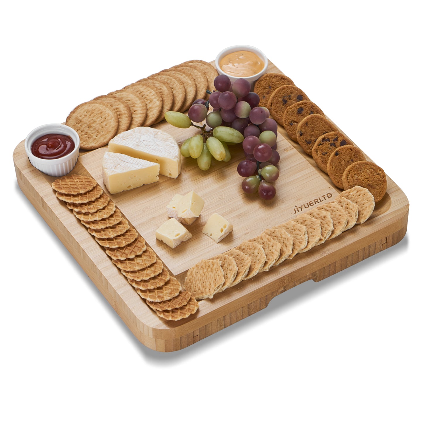 JIYUERLTD Käsebrett mit Messern und Öffner Bambus-Schneidebrett, Käseservice, Platte für Wein, Käse, Fleisch. 13,4 x 13,4 x 1,5 Zoll.