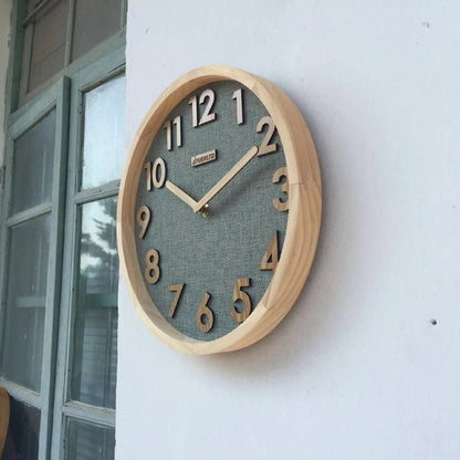 JIYUERLTD Horloge murale silencieuse 12 pouces avec chiffres en bois 3D, mouvement à quartz sans tic-tac, visage en lin et cadre en bois pour la maison, le bureau, la salle de classe